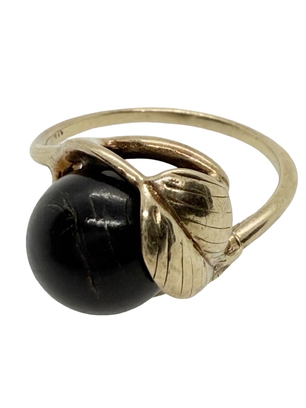 Vintage 14k Solid Yellow Gold Black Sphere Bypass Ring Gold Leaf Detail!